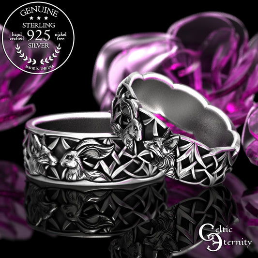 Sterling His & Hers Fox and Rabbit Wedding Band Set - Bride Groom, 2178 2179