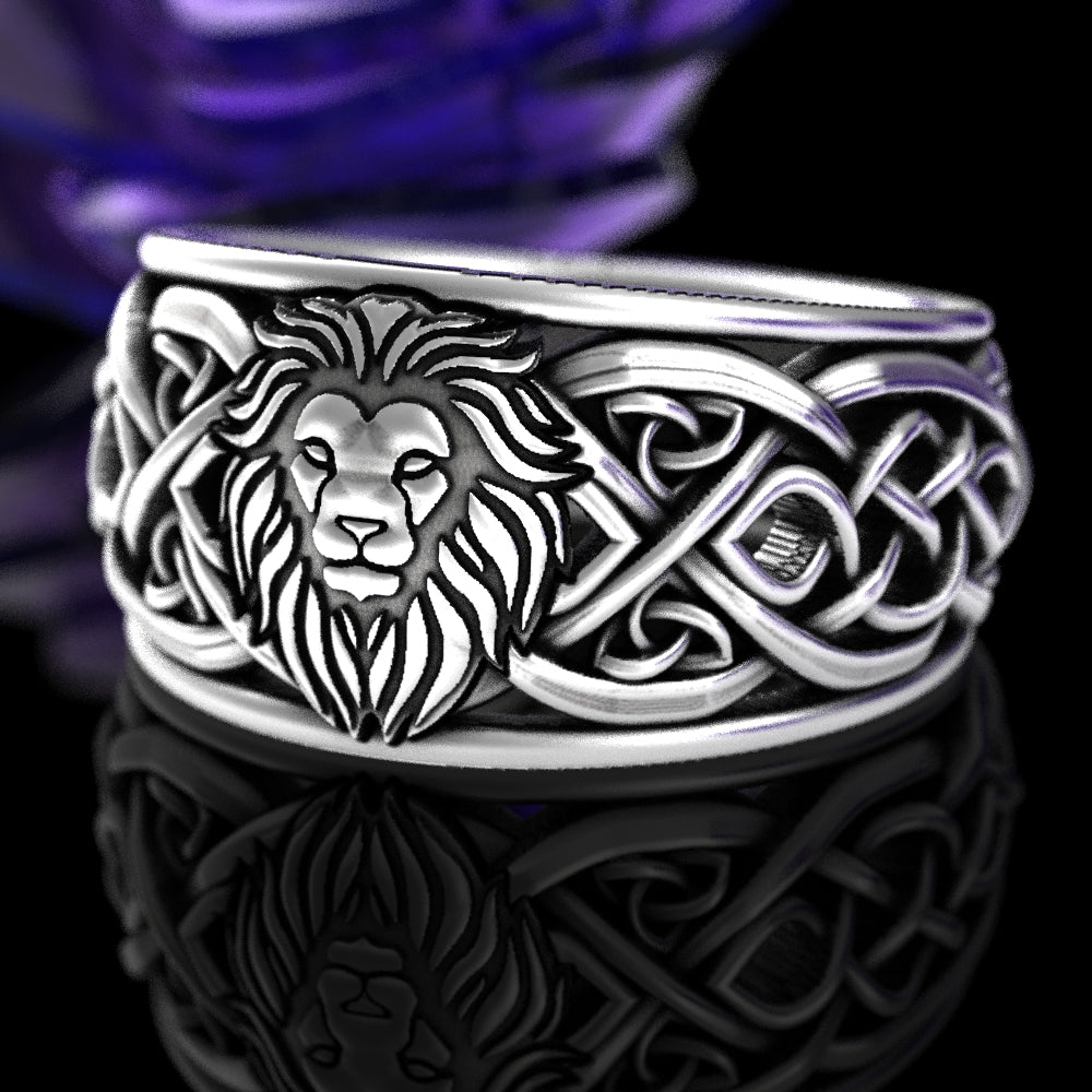 Sterling Silver Men's Lion Crest Statement Ring - Celtic Knotwork, 3006