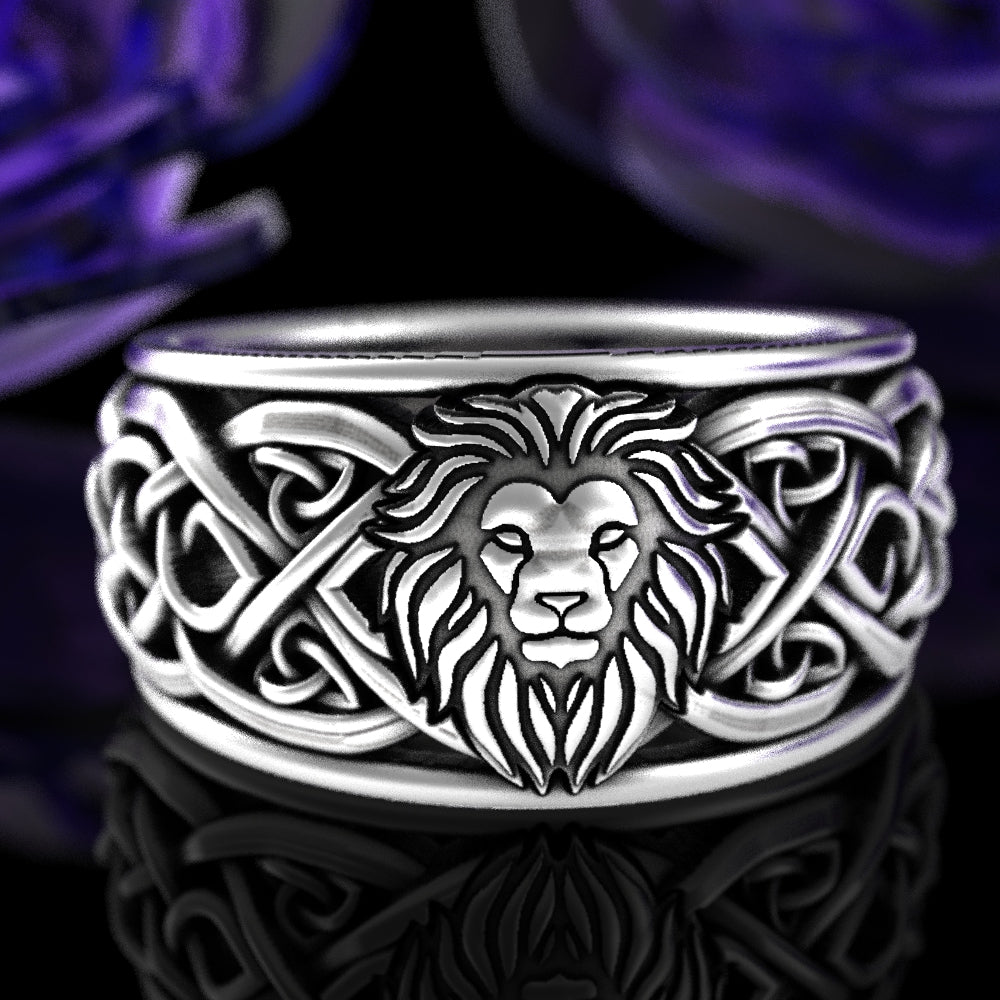 Sterling Silver Men's Lion Crest Statement Ring - Celtic Knotwork, 3006