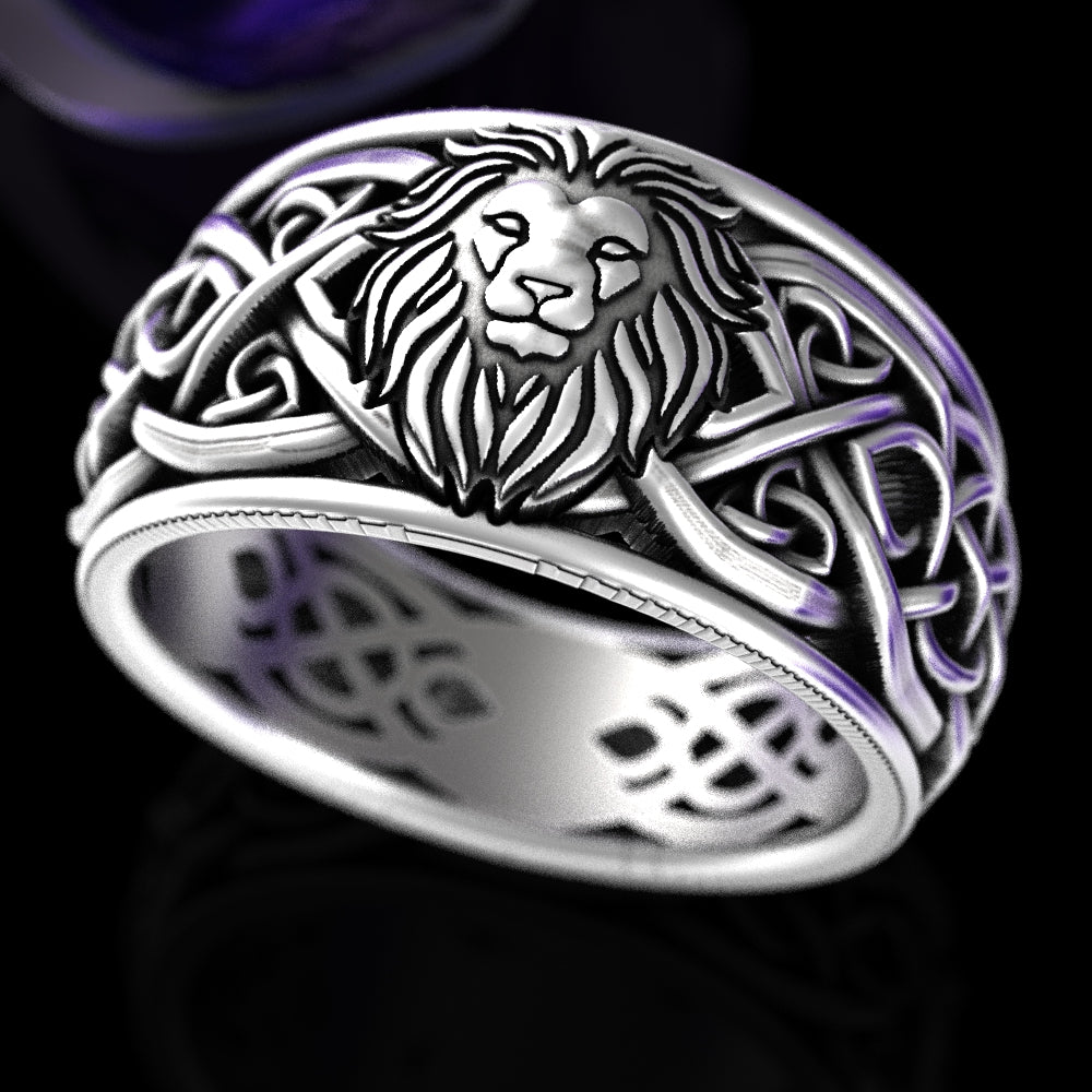 Sterling Silver Men's Lion Crest Statement Ring - Celtic Knotwork, 3006