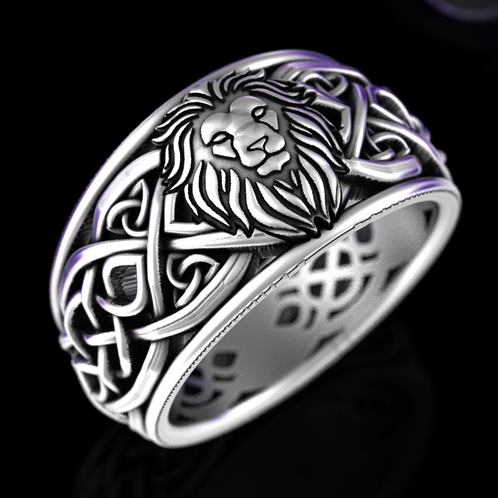 Sterling Silver Men's Lion Crest Statement Ring - Celtic Knotwork, 3006