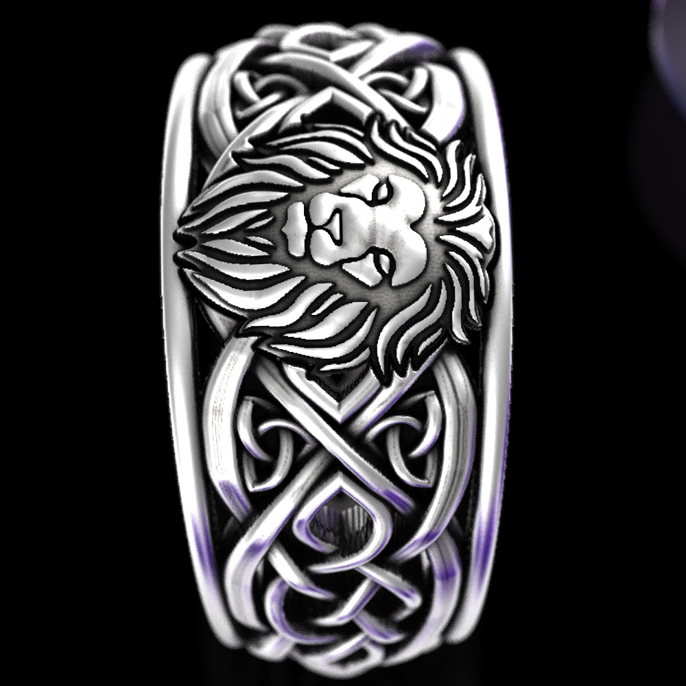 Sterling Silver Men's Lion Crest Statement Ring - Celtic Knotwork, 3006