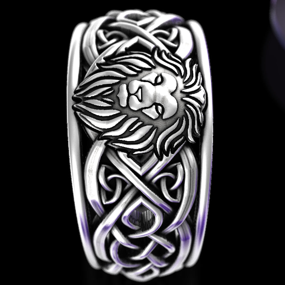 Sterling Silver Men's Lion Crest Statement Ring - Celtic Knotwork, 3006