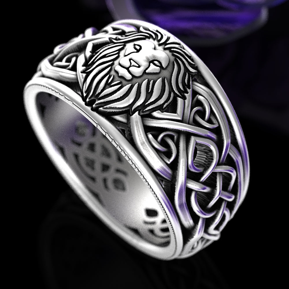 Sterling Silver Men's Lion Crest Statement Ring - Celtic Knotwork, 3006