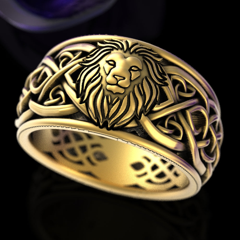 Sterling Silver Men's Lion Crest Statement Ring - Celtic Knotwork, 3006
