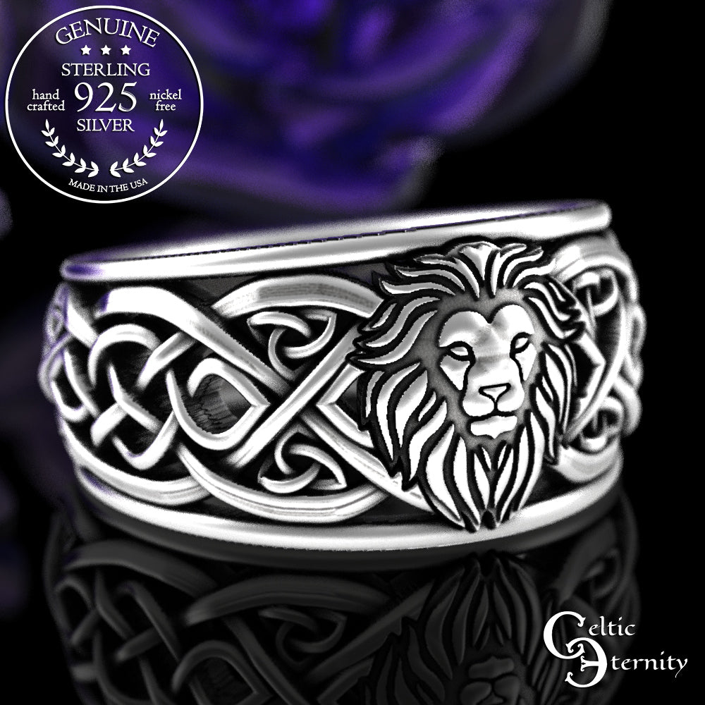 Sterling Silver Men's Lion Crest Statement Ring - Celtic Knotwork, 3006