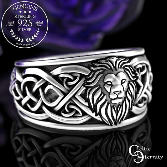 Sterling Silver Men's Lion Crest Statement Ring - Celtic Knotwork, 3006