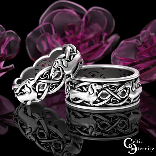 Sterling Silver Matching Dachshunds Wedding Band Set, 3011 3013