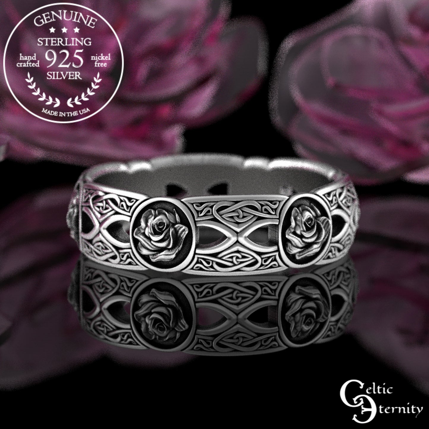 Sterling Woman's Irish Rose & Heart Knotwork Wedding Band, 3043