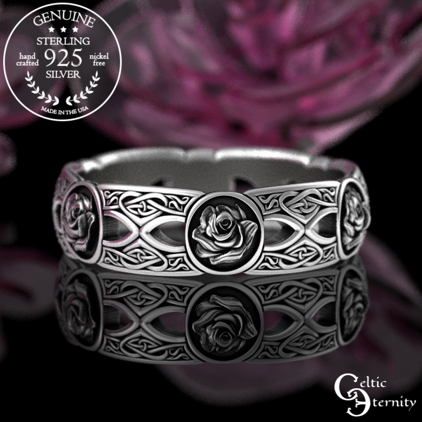 Sterling Woman's Irish Rose & Heart Knotwork Wedding Band, 3043
