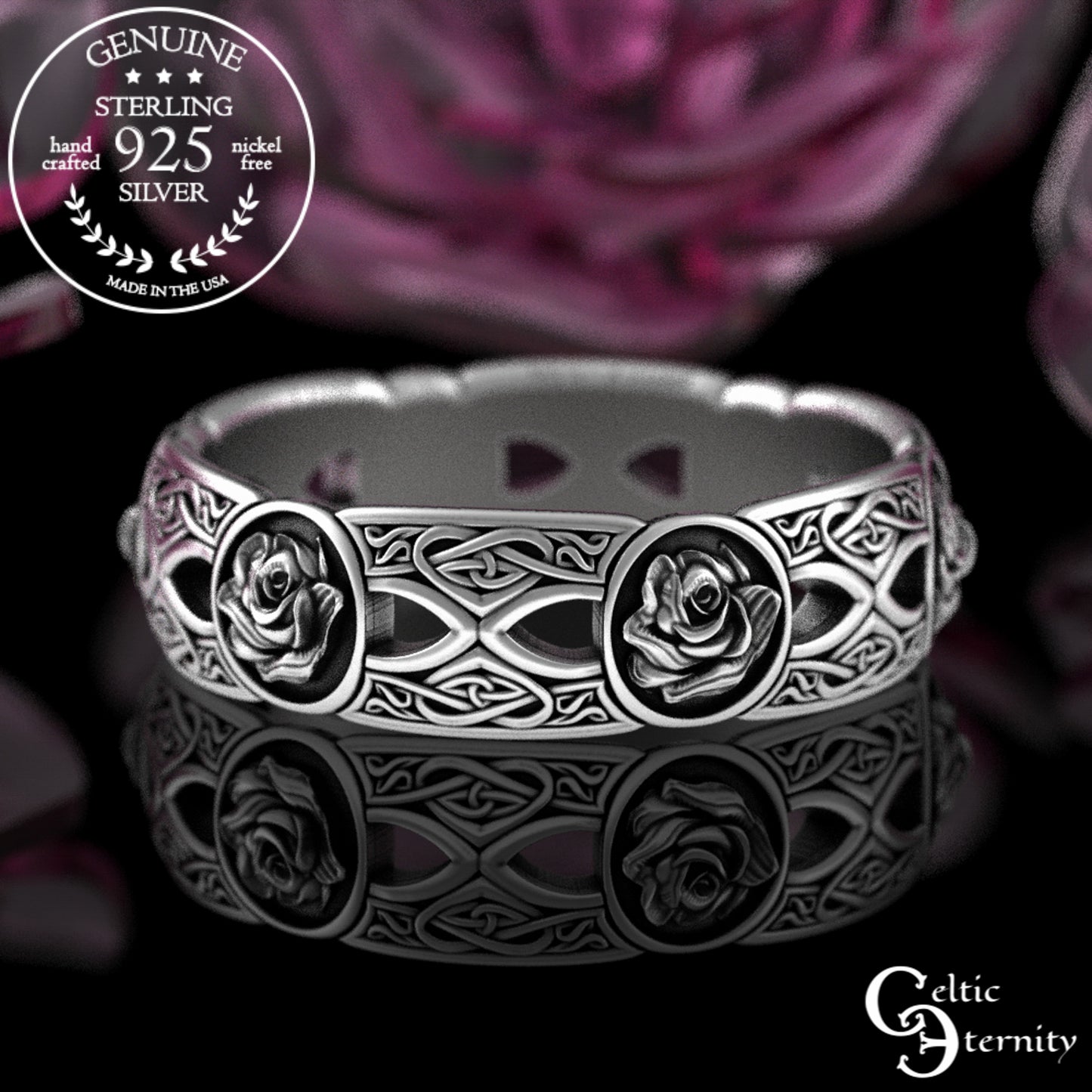 Sterling Woman's Irish Rose & Heart Knotwork Wedding Band, 3043