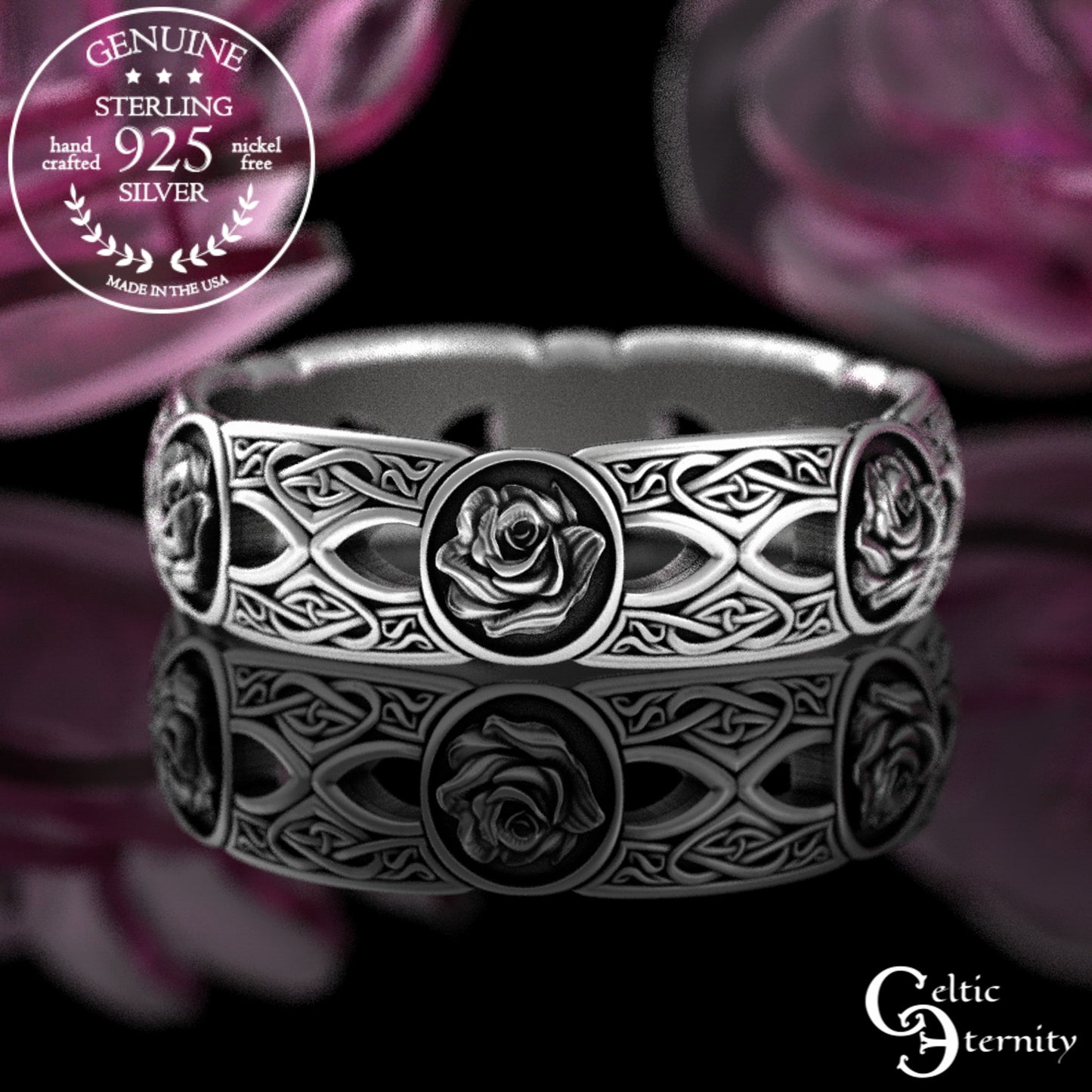 Sterling Woman's Irish Rose & Heart Knotwork Wedding Band, 3043