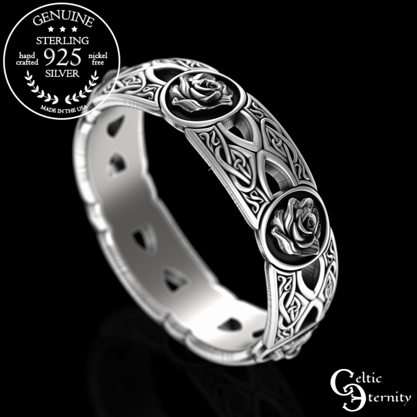 Sterling Woman's Irish Rose & Heart Knotwork Wedding Band, 3043