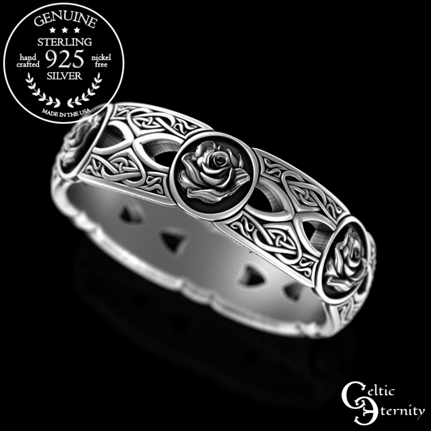 Sterling Woman's Irish Rose & Heart Knotwork Wedding Band, 3043
