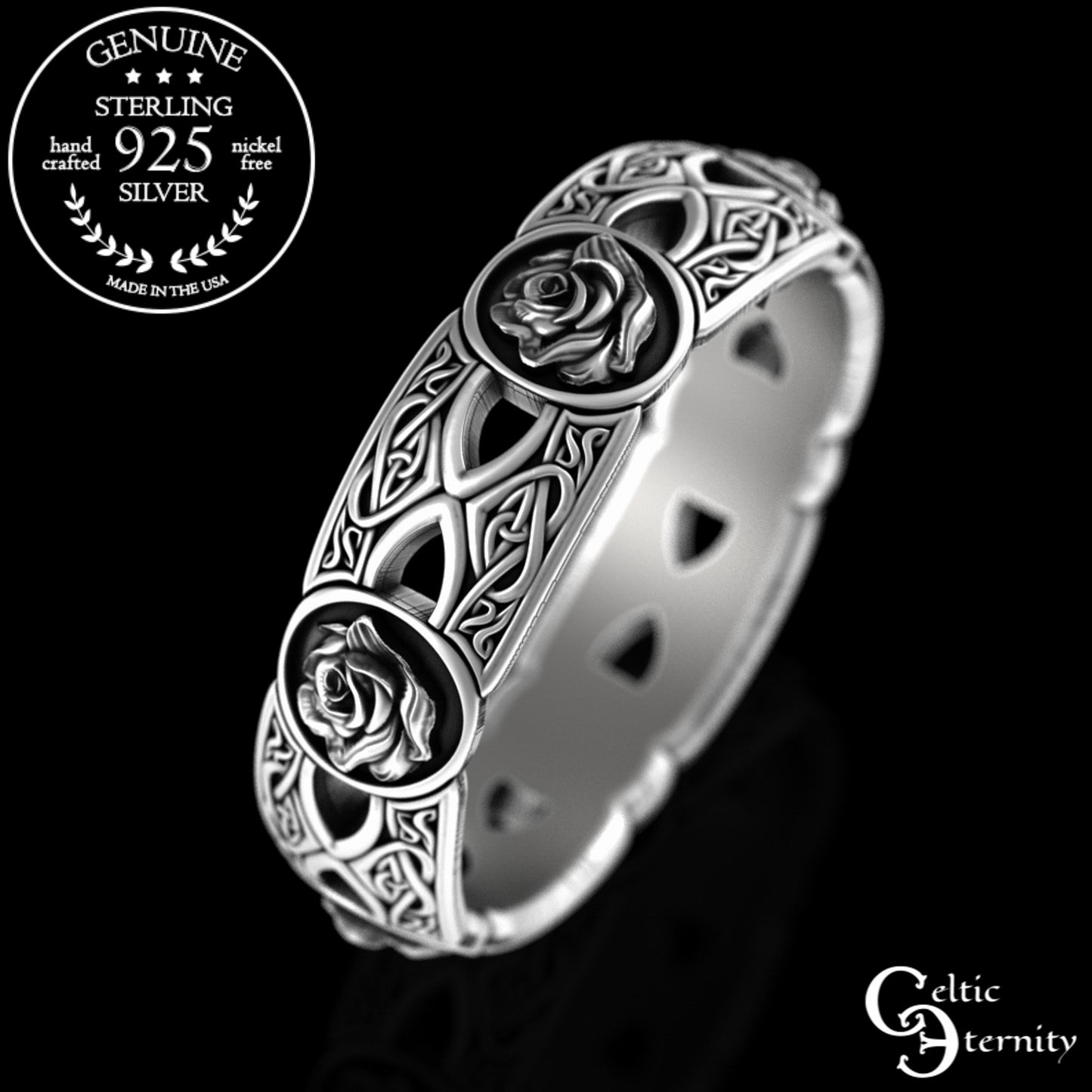Sterling Woman's Irish Rose & Heart Knotwork Wedding Band, 3043