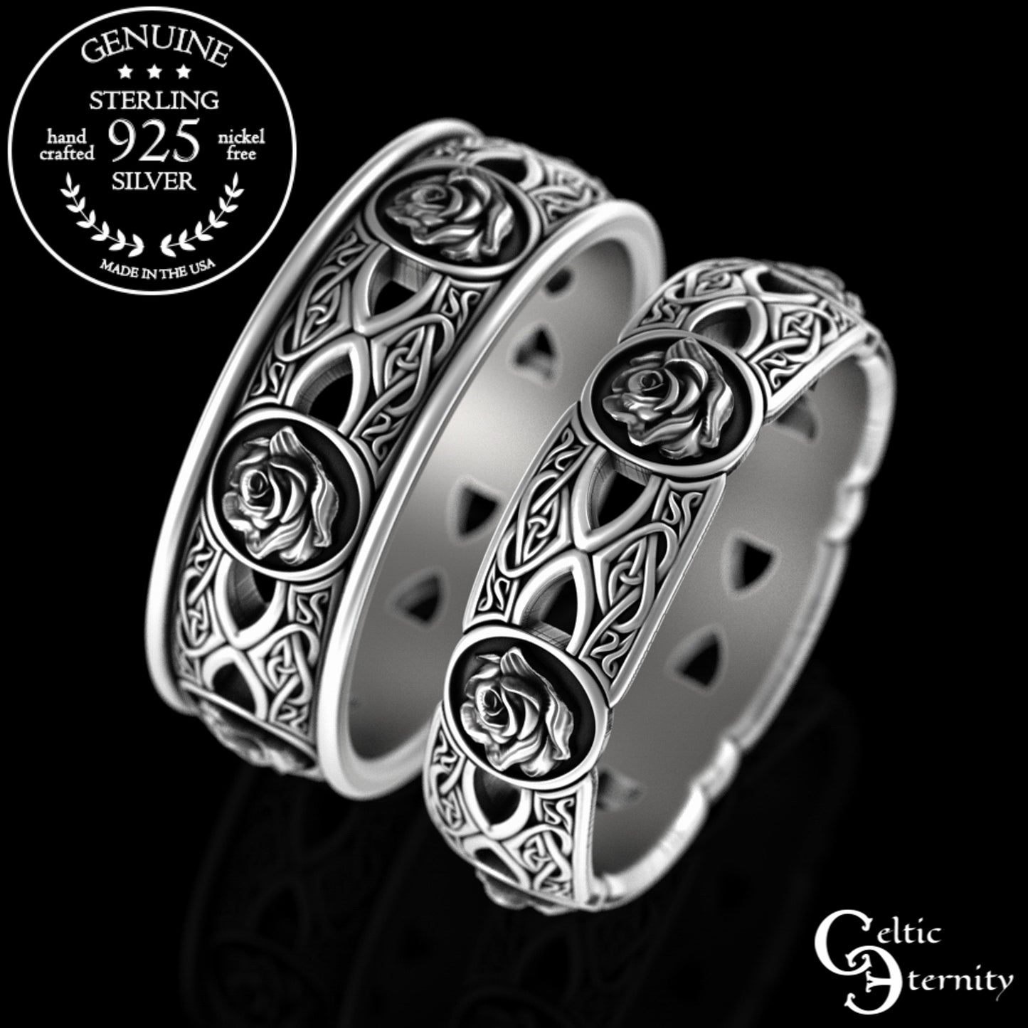 Sterling His Hers Celtic Rose Wedding Band Set - Heart Knotwork, 3043 3044