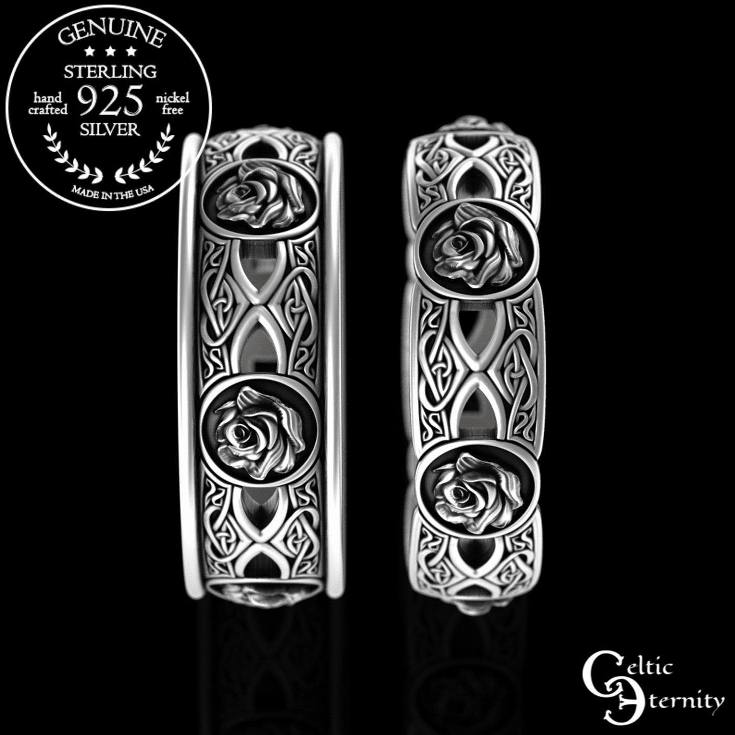 Sterling His Hers Celtic Rose Wedding Band Set - Heart Knotwork, 3043 3044