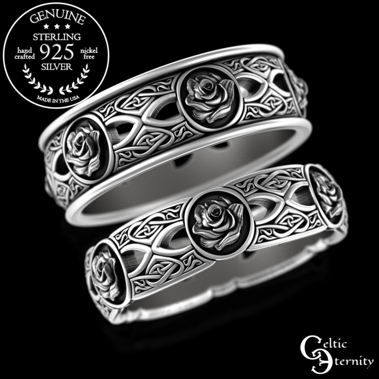 Sterling His Hers Celtic Rose Wedding Band Set - Heart Knotwork, 3043 3044