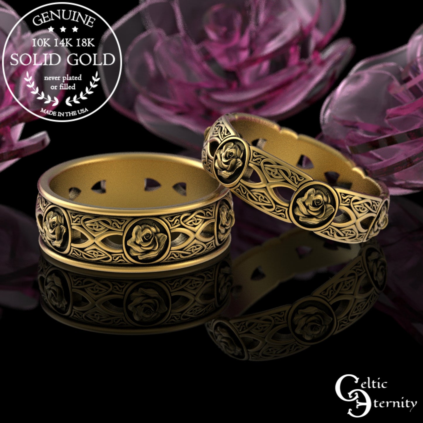 Sterling His Hers Celtic Rose Wedding Band Set - Heart Knotwork, 3043 3044