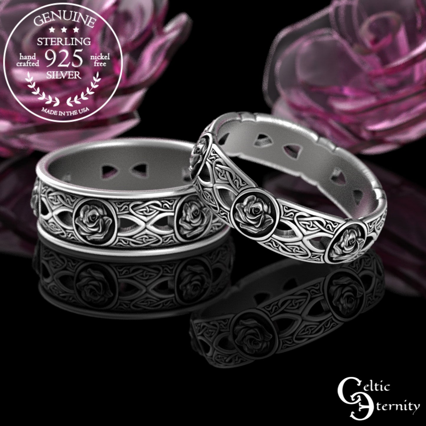 Sterling His Hers Celtic Rose Wedding Band Set - Heart Knotwork, 3043 3044
