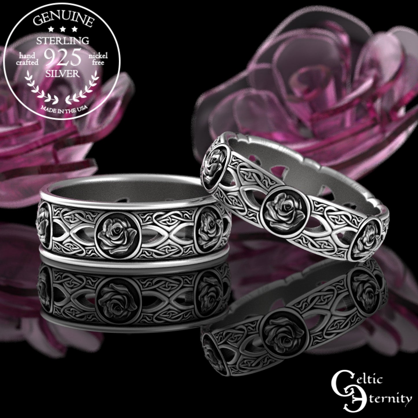 Sterling His Hers Celtic Rose Wedding Band Set - Heart Knotwork, 3043 3044