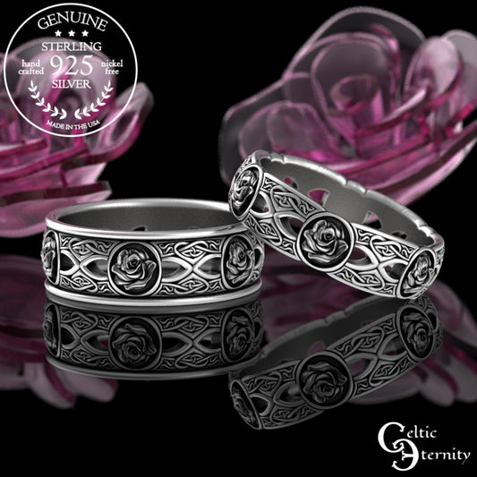 Sterling His Hers Celtic Rose Wedding Band Set - Heart Knotwork, 3043 3044