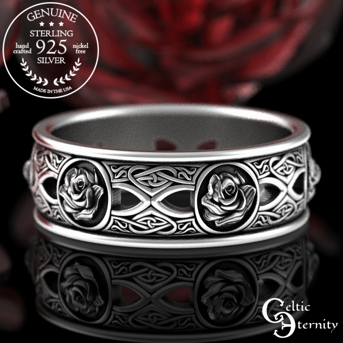 Sterling Silver Celtic Rose & Woven Hearts Wedding Band, 3044