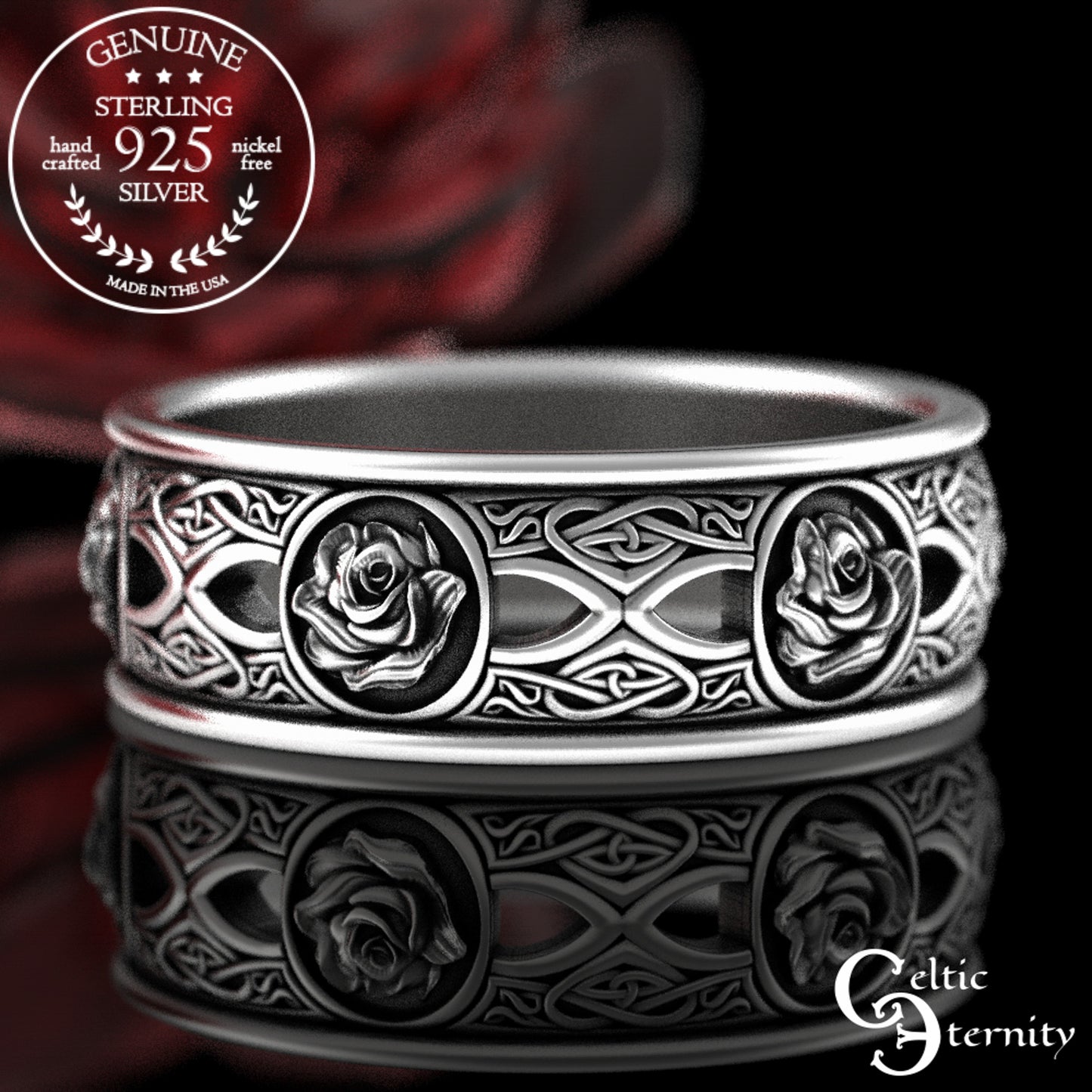 Sterling Silver Celtic Rose & Woven Hearts Wedding Band, 3044