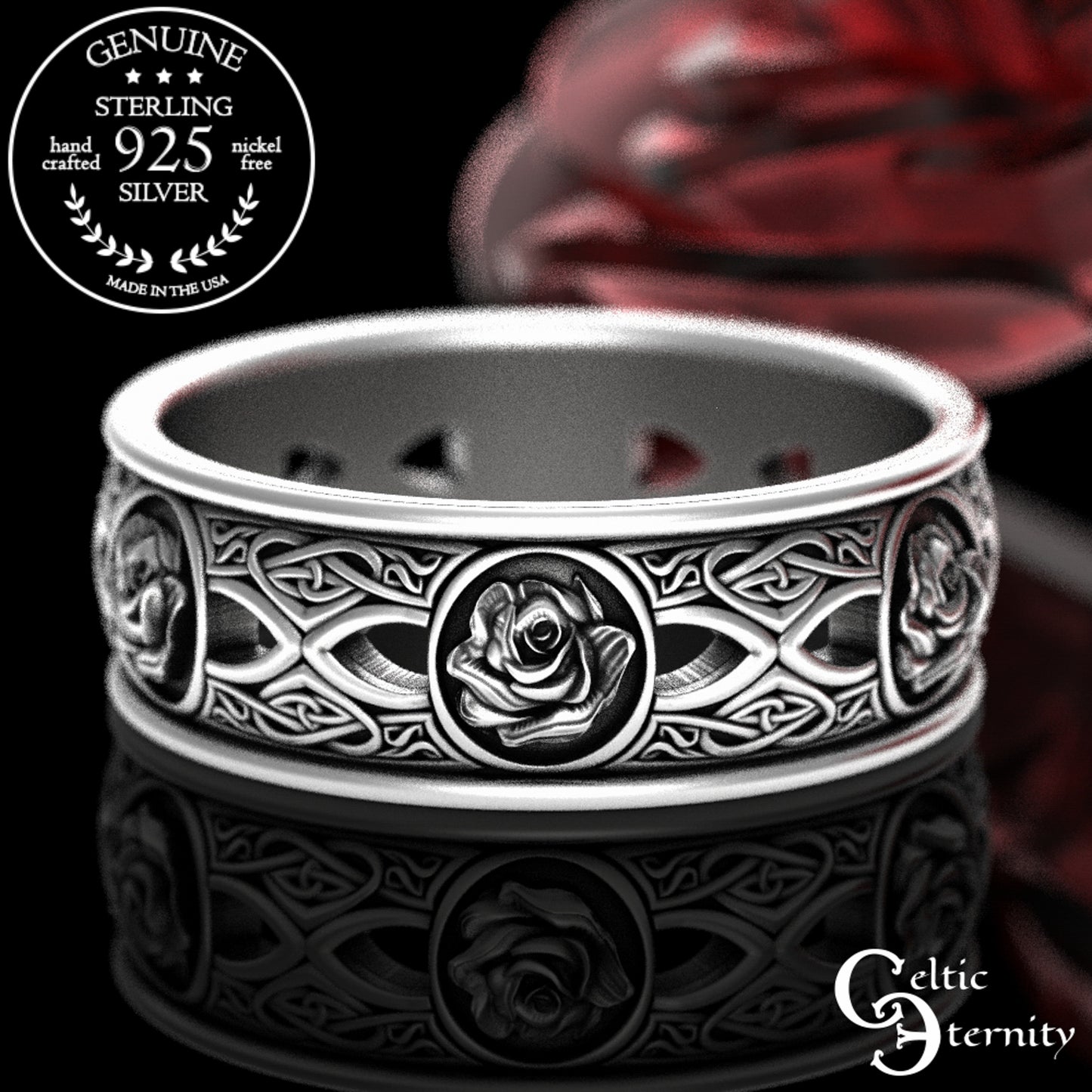 Sterling Silver Celtic Rose & Woven Hearts Wedding Band, 3044