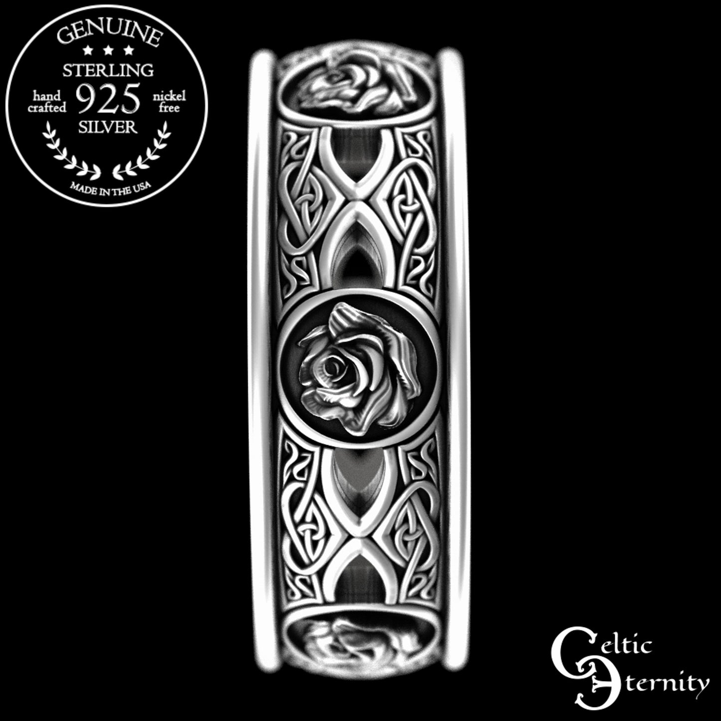 Sterling Silver Celtic Rose & Woven Hearts Wedding Band, 3044