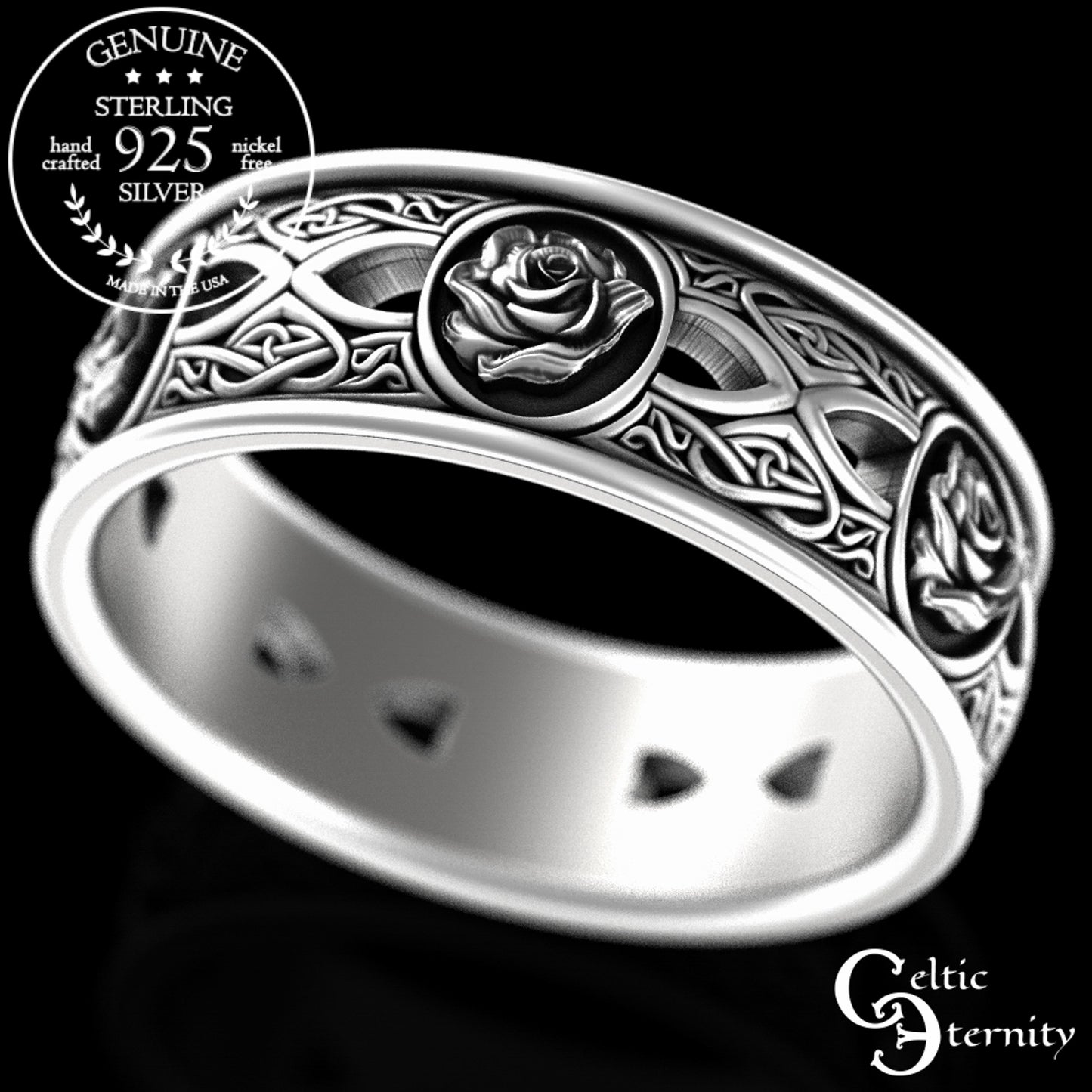 Sterling Silver Celtic Rose & Woven Hearts Wedding Band, 3044
