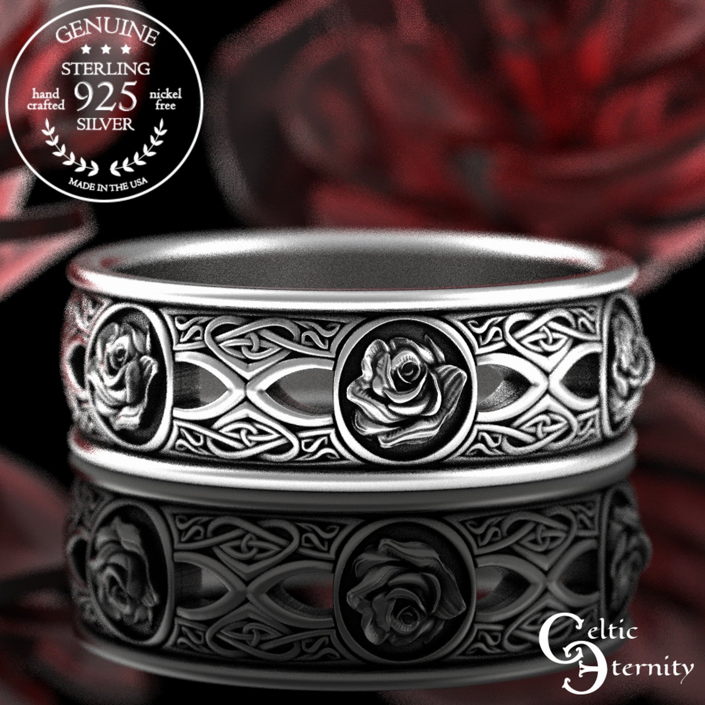 Sterling His Hers Celtic Rose Wedding Band Set - Heart Knotwork, 3043 3044