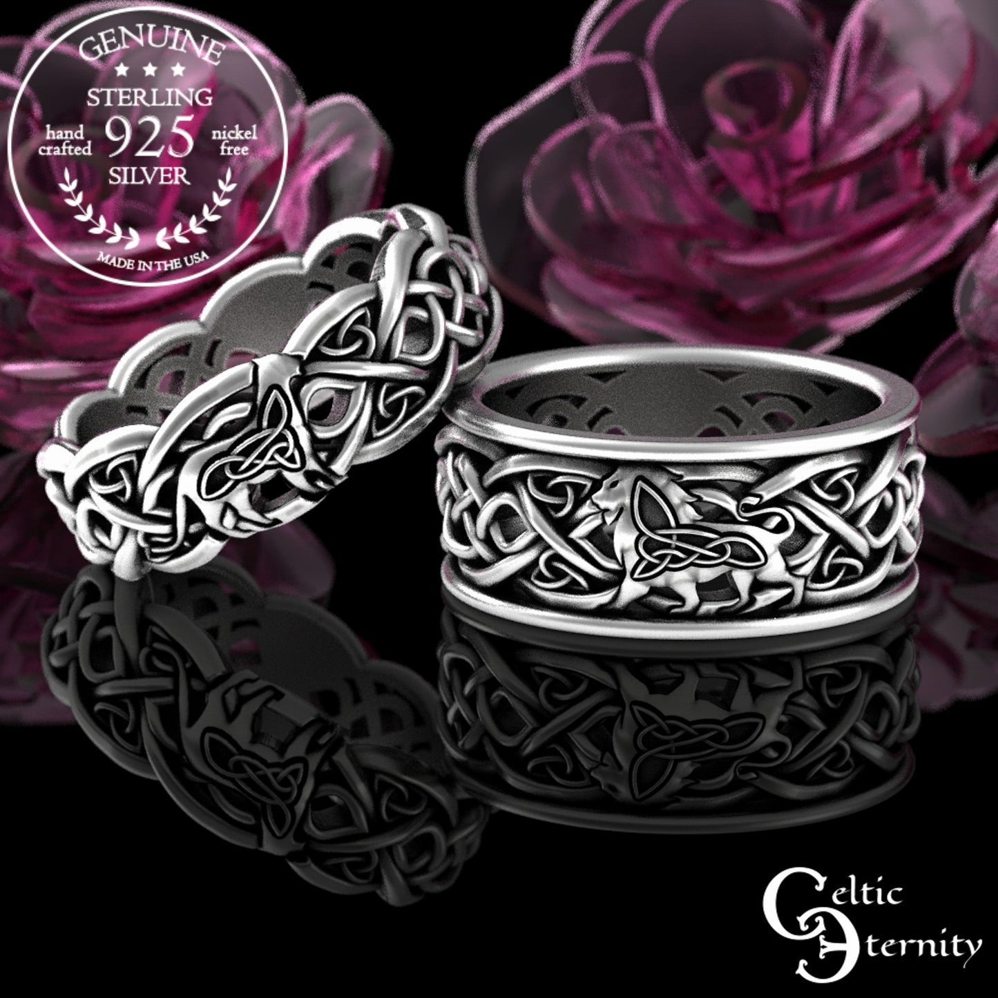 Sterling His Hers Lion & Lioness Matching Wedding Band Set, 3048