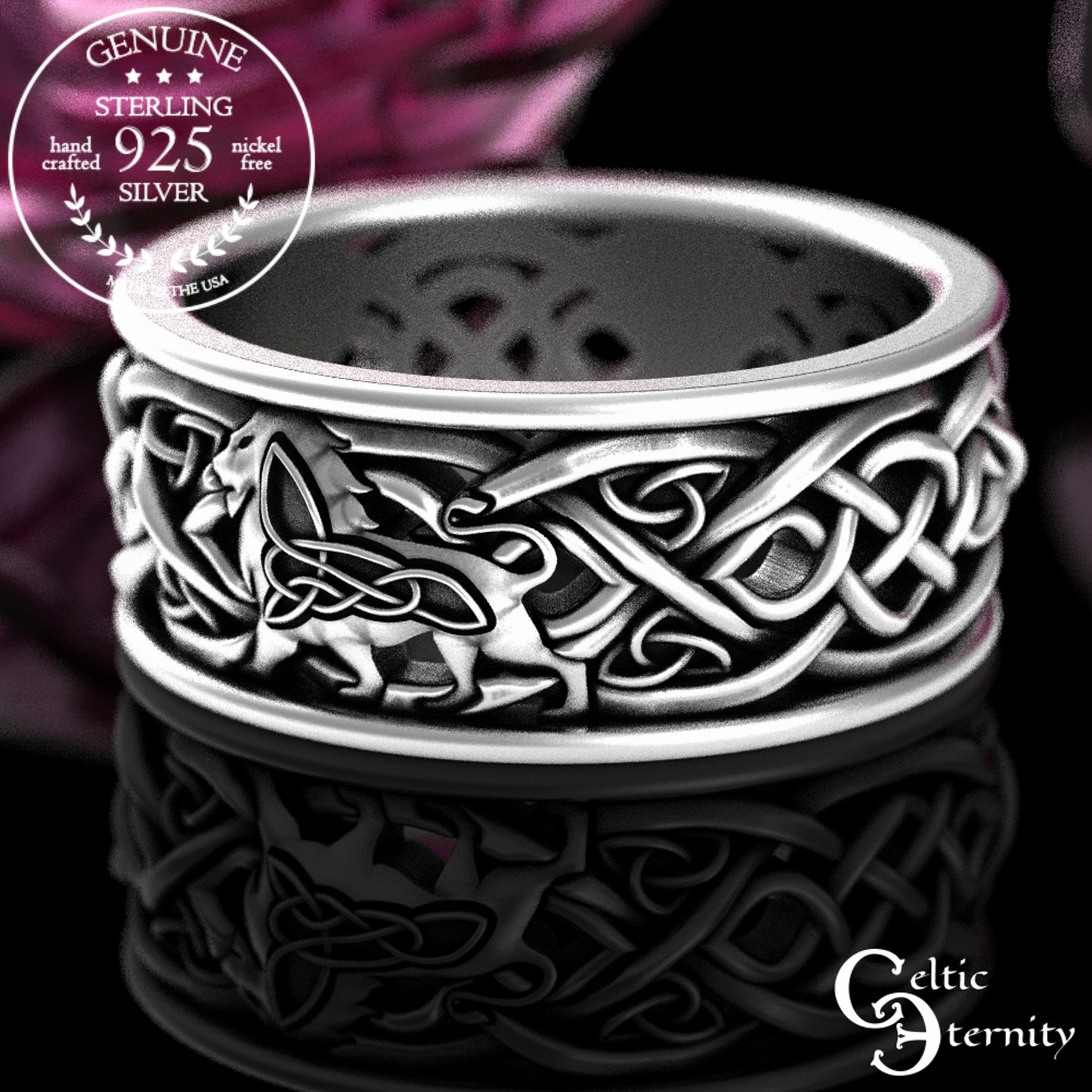 Men's Sterling Silver Lion & Irish Knotwork Wedding Band, 3048