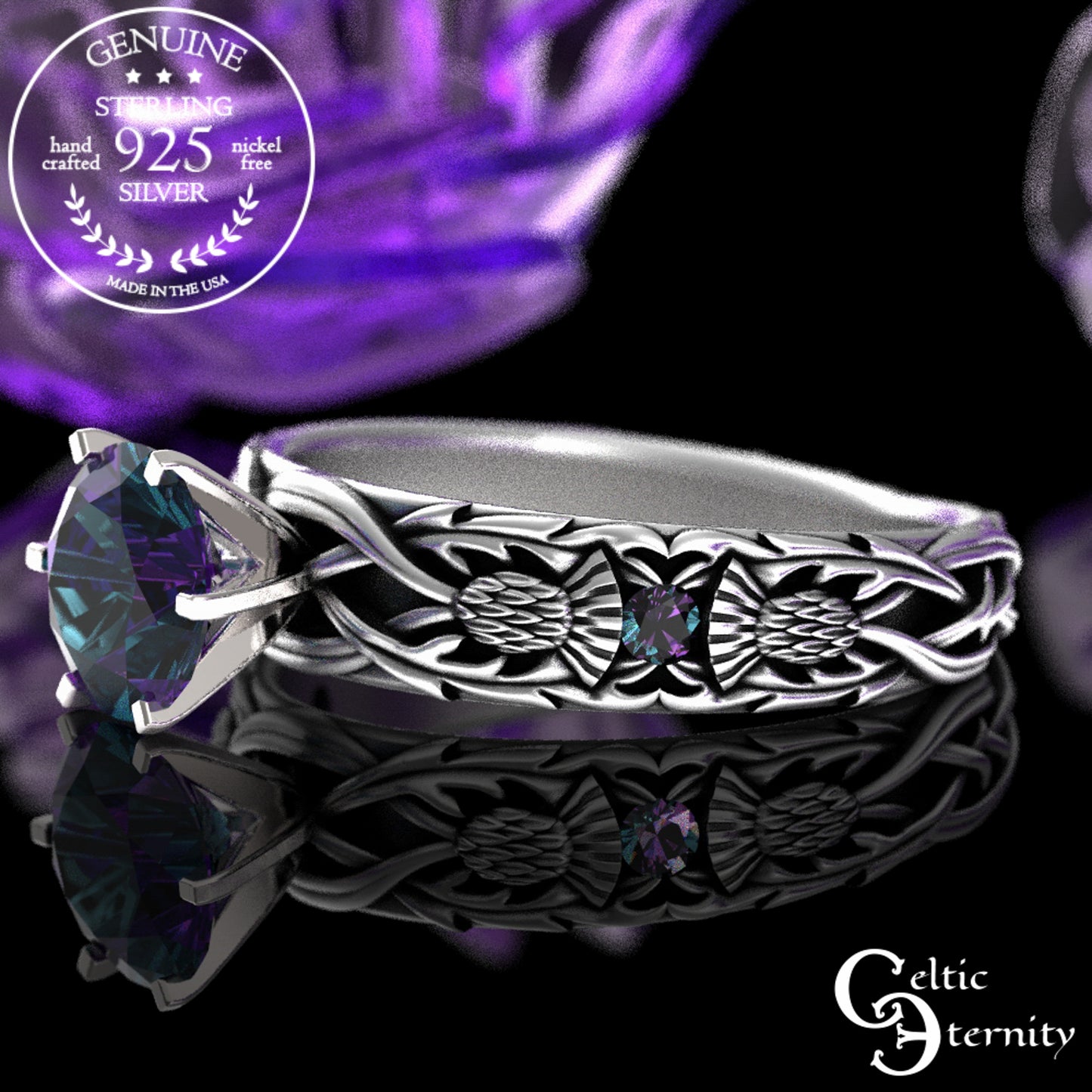 Sterling & Alexandrite Scottish Thistle Engagement Ring, 3062