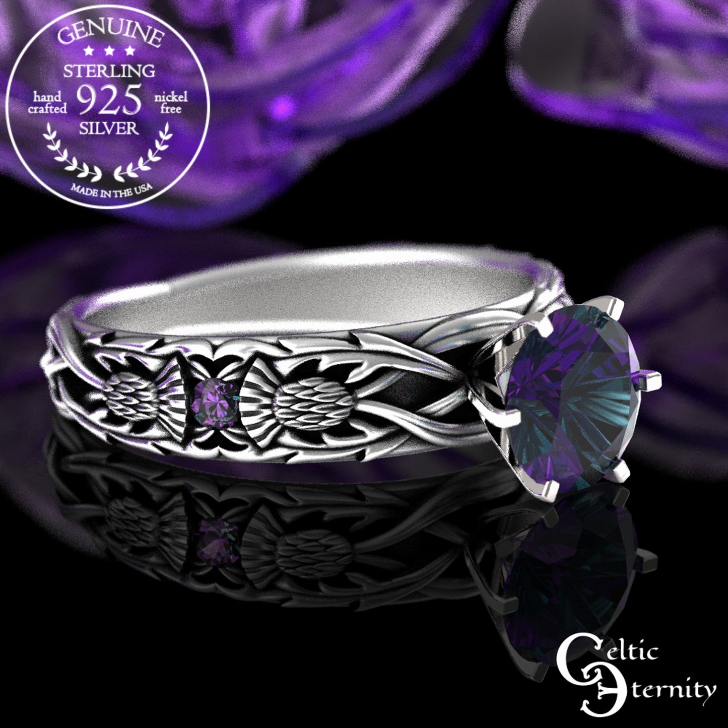 Sterling & Alexandrite Scottish Thistle Engagement Ring, 3062