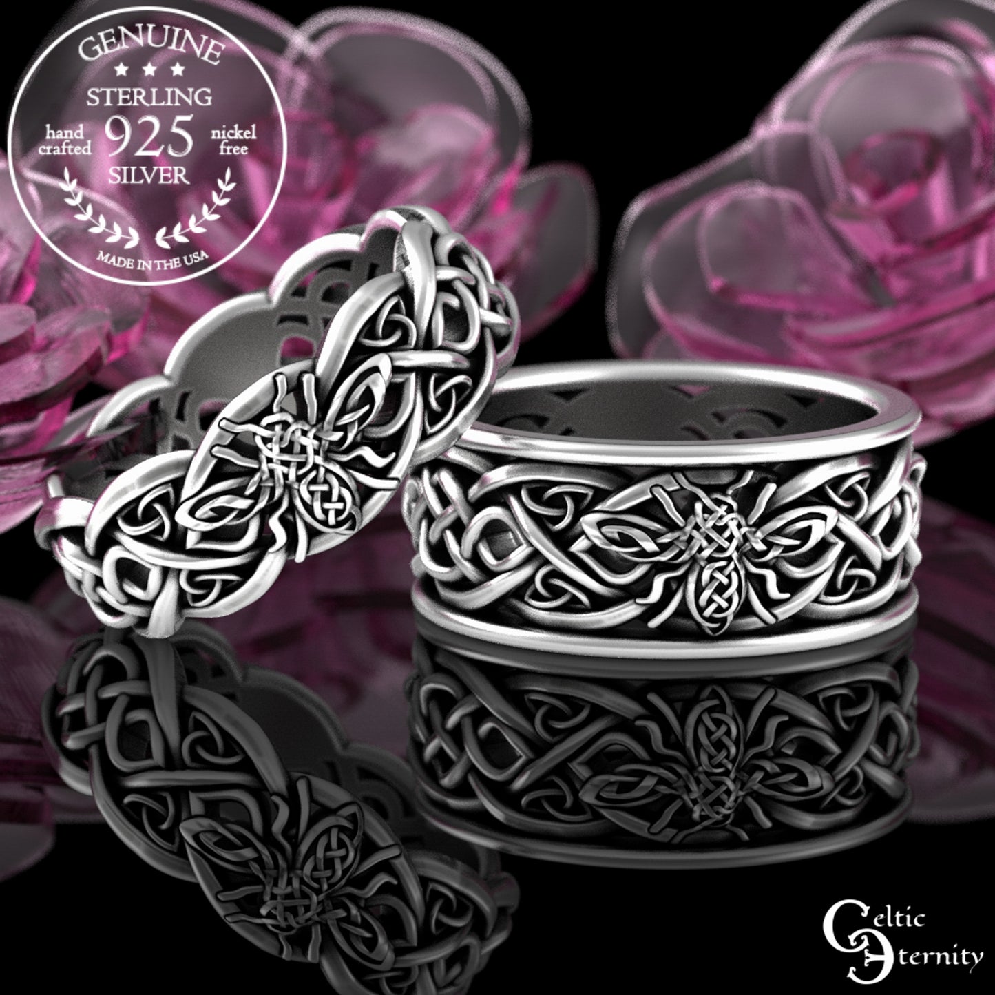 Sterling Matching His & Hers Bee Wedding Band Set, 3085 3087