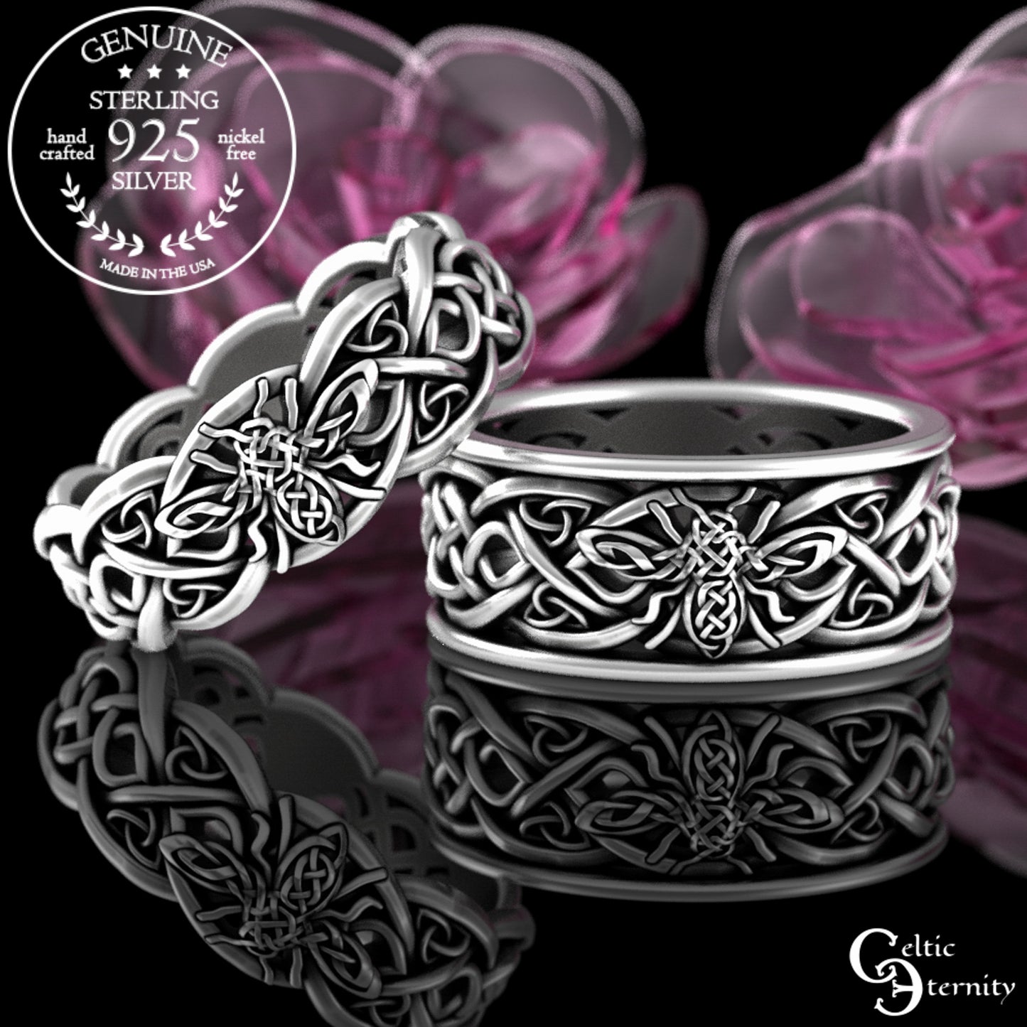 Sterling Matching His & Hers Bee Wedding Band Set, 3085 3087