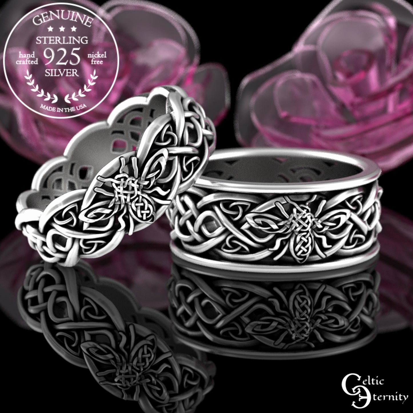 Sterling Matching His & Hers Bee Wedding Band Set, 3085 3087