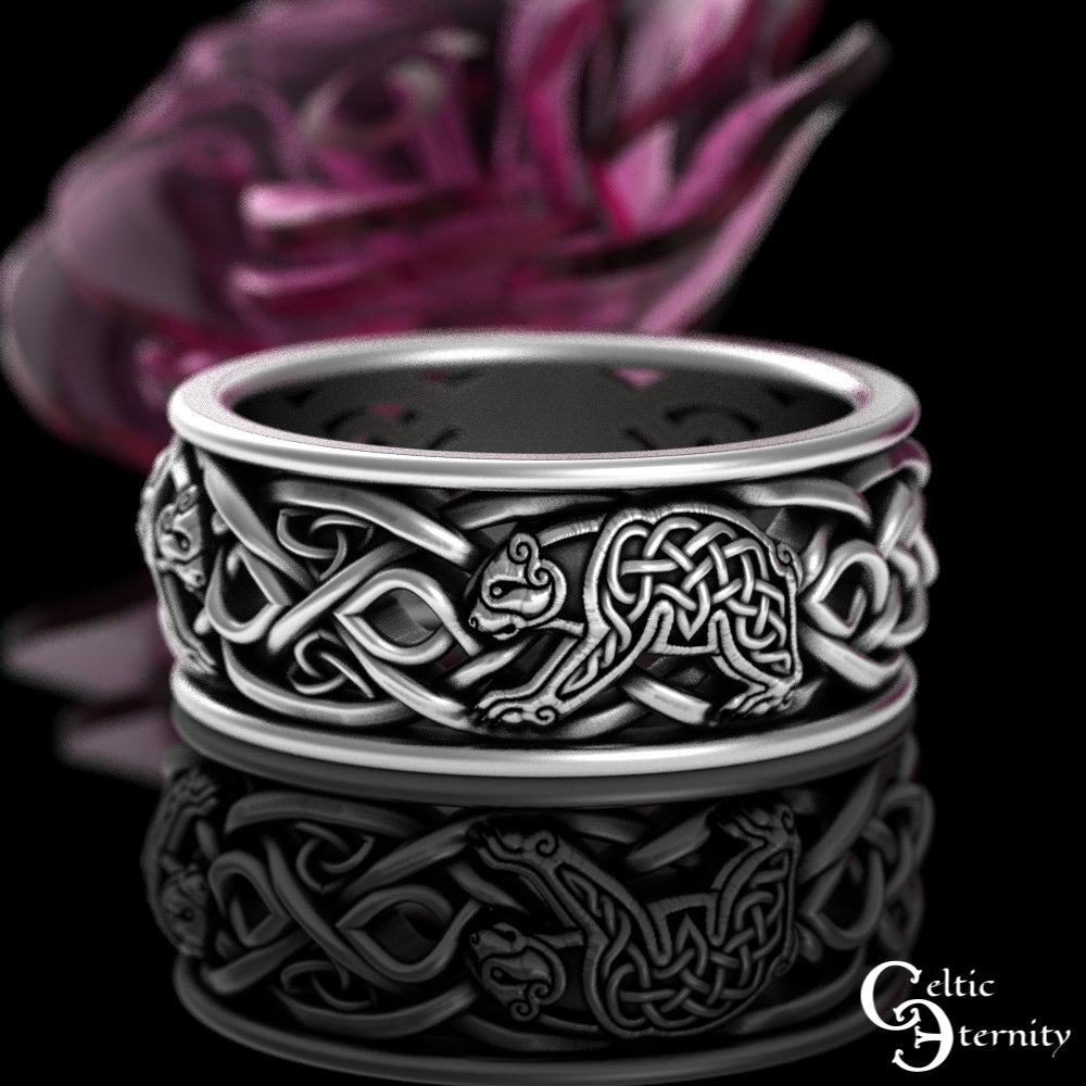 Men's Sterling Silver Celtic Bear Spirit Animal Wedding Band, 3094