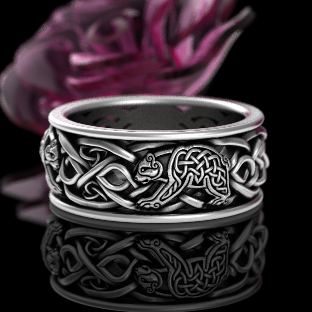 Men's Sterling Silver Celtic Bear Spirit Animal Wedding Band, 3094