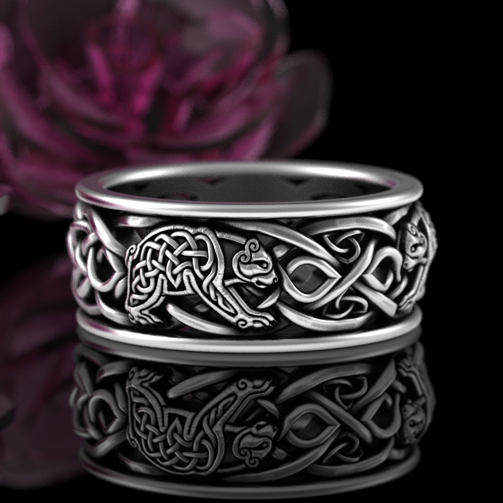 Men's Sterling Silver Celtic Bear Spirit Animal Wedding Band, 3094