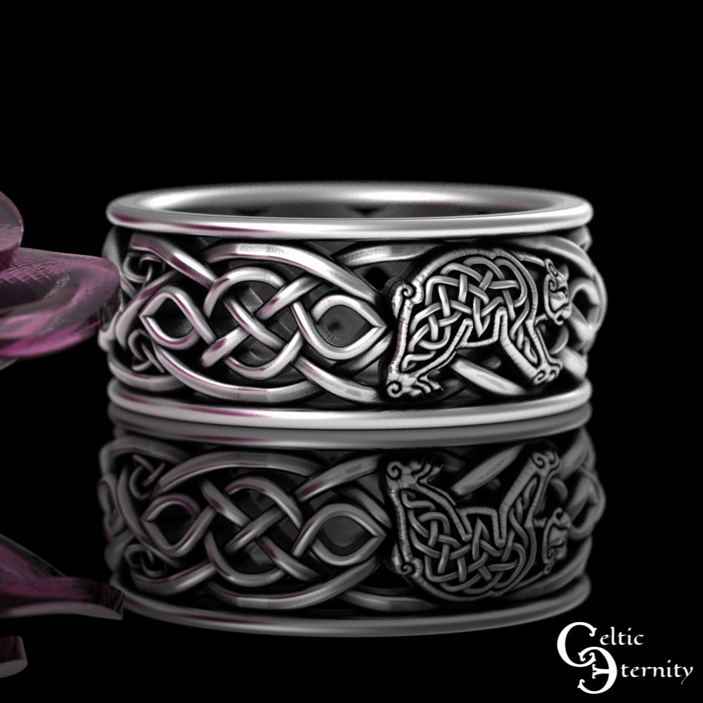 Men's Sterling Silver Celtic Bear Spirit Animal Wedding Band, 3094