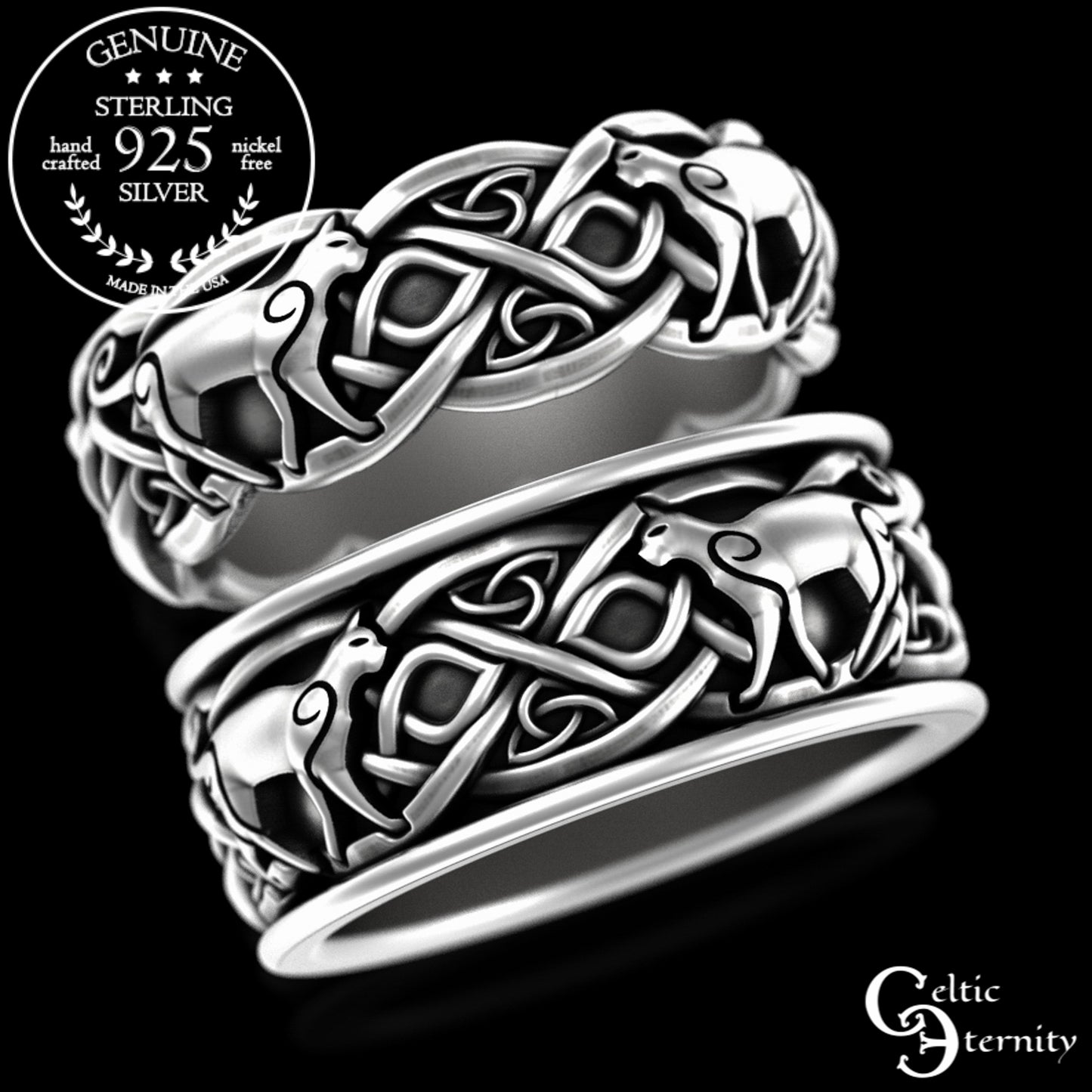 Sterling Silver Matching Celtic Cats Wedding Band Set, 3096 3098