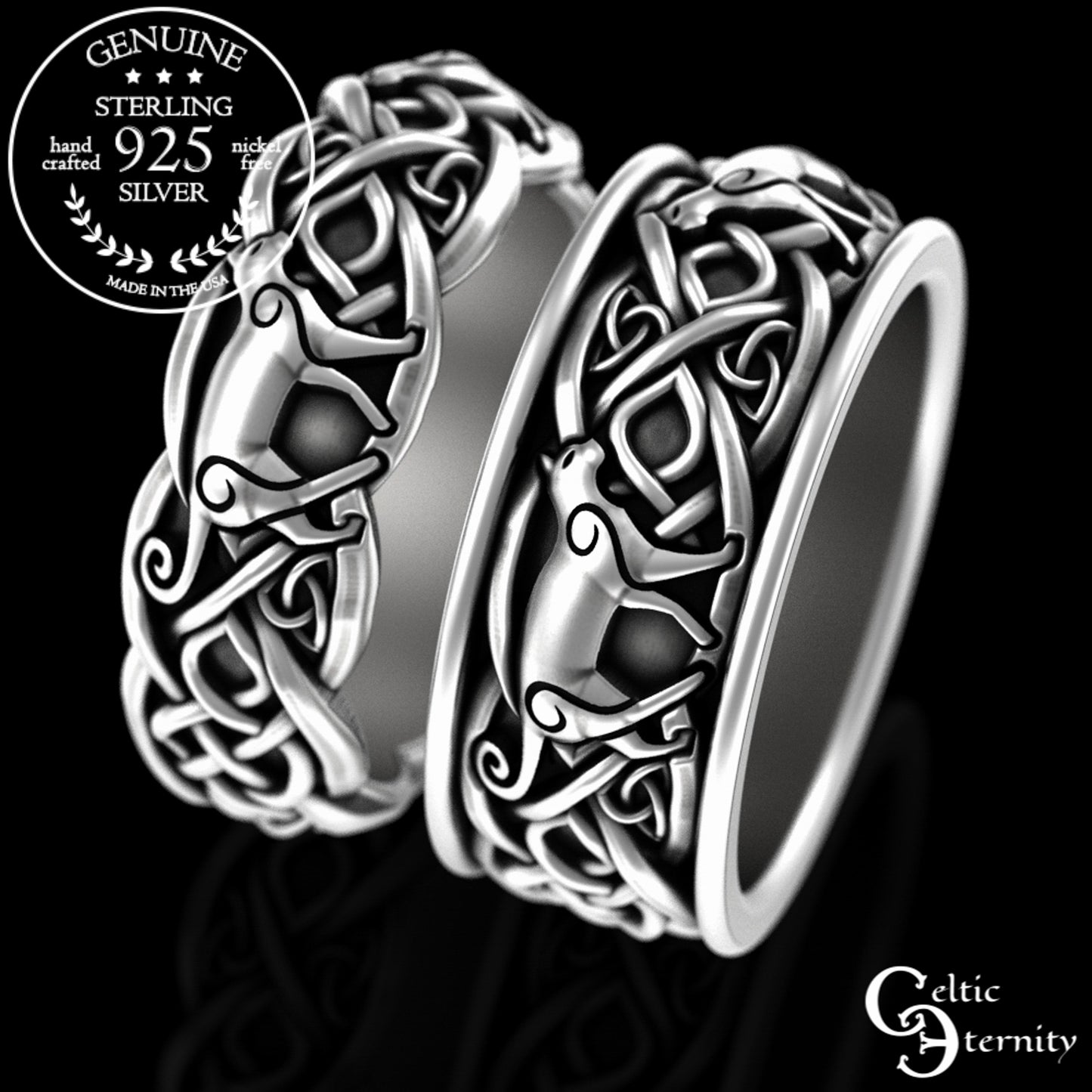 Sterling Silver Matching Celtic Cats Wedding Band Set, 3096 3098