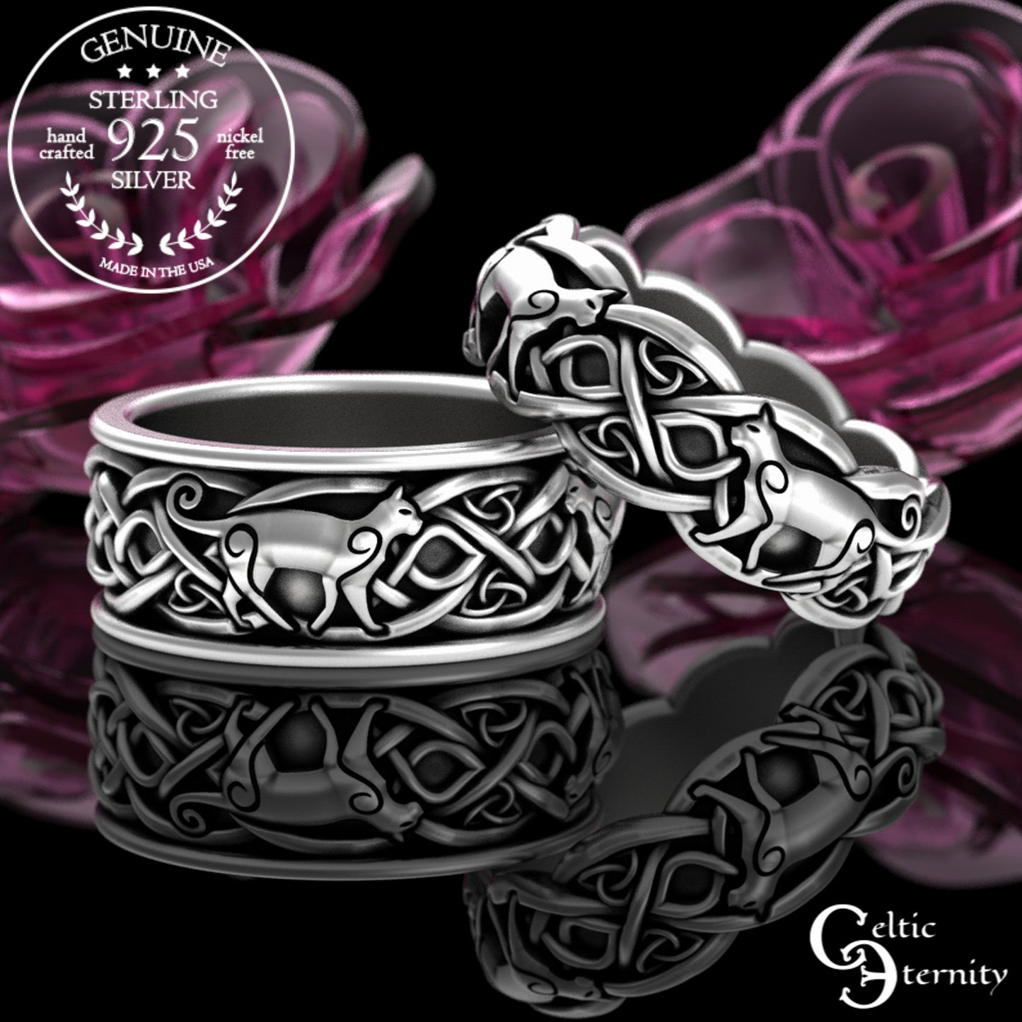 Sterling Silver Matching Celtic Cats Wedding Band Set, 3096 3098