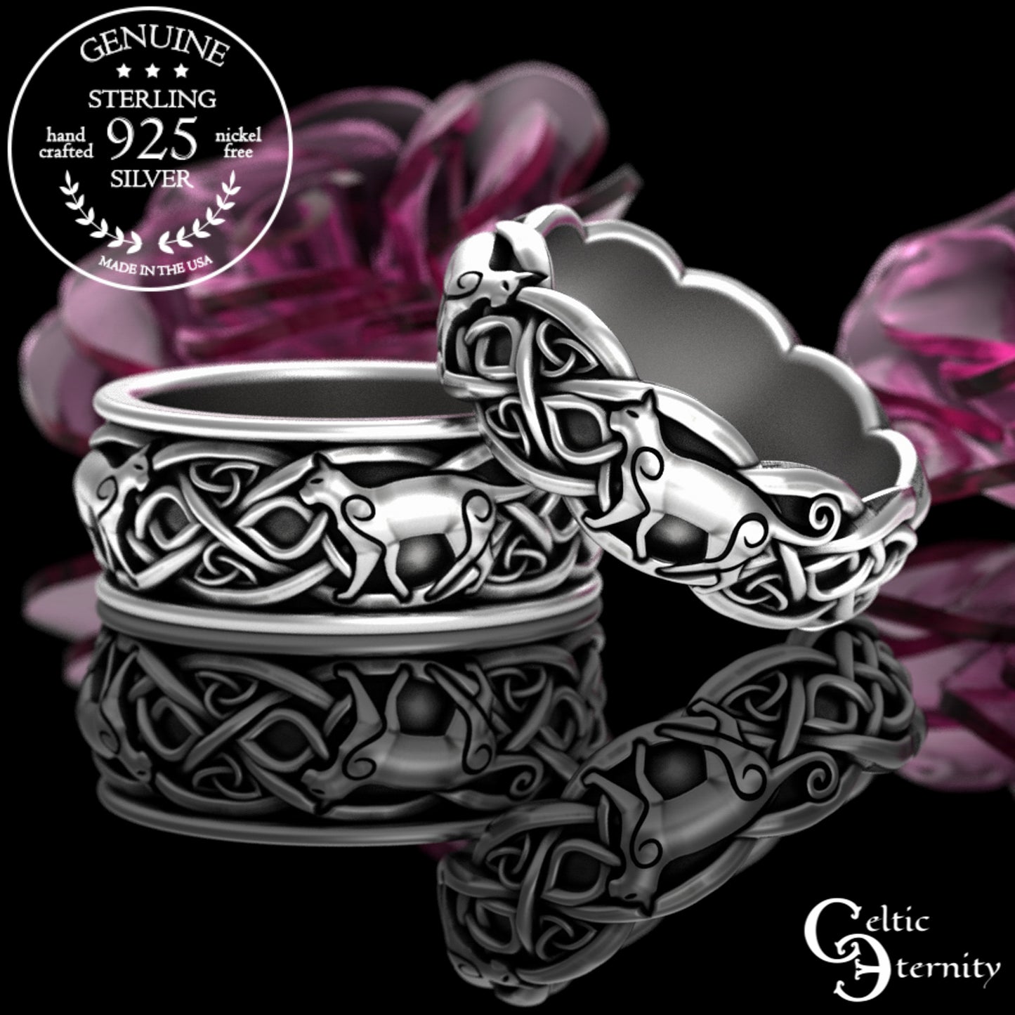 Sterling Silver Matching Celtic Cats Wedding Band Set, 3096 3098
