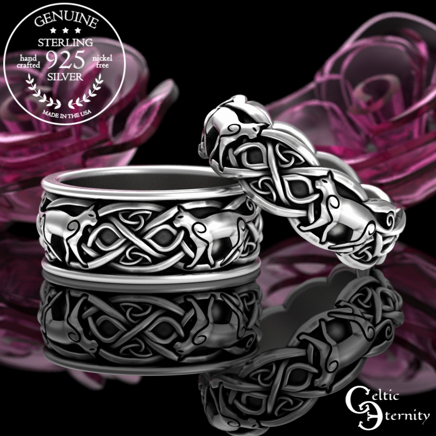 Sterling Silver Matching Celtic Cats Wedding Band Set, 3096 3098