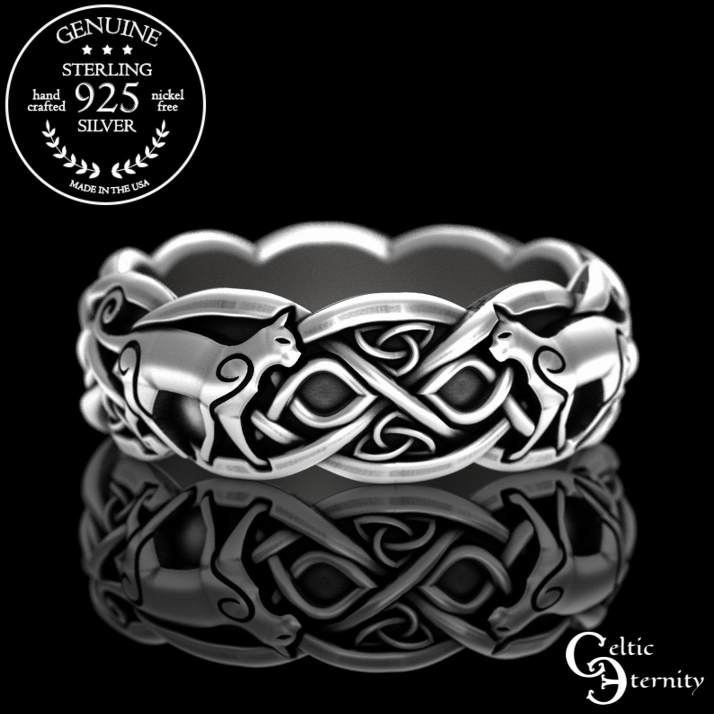 Sterling Silver Matching Celtic Cats Wedding Band Set, 3096 3098