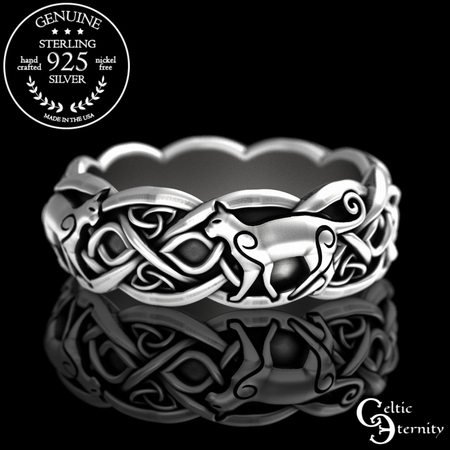 Sterling Silver Woman's Cats & Celtic Knotwork Wedding Band, 3096